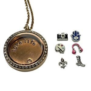 Origami Owl Floating Charm Locket Coper Tone Rhinestone Necklace With 6 Charms